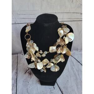 Shell Necklace Iridescent Mother of Pearl Beads Crystal Accents Chunky Boho